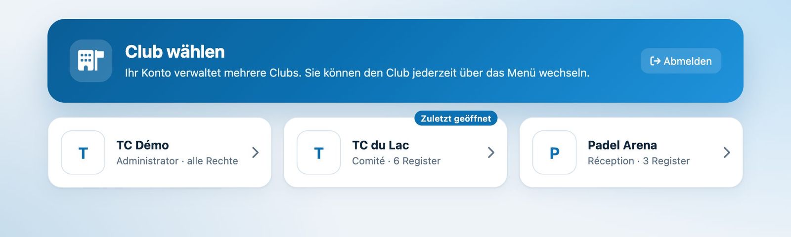Seite zur Wahl des Clubs
