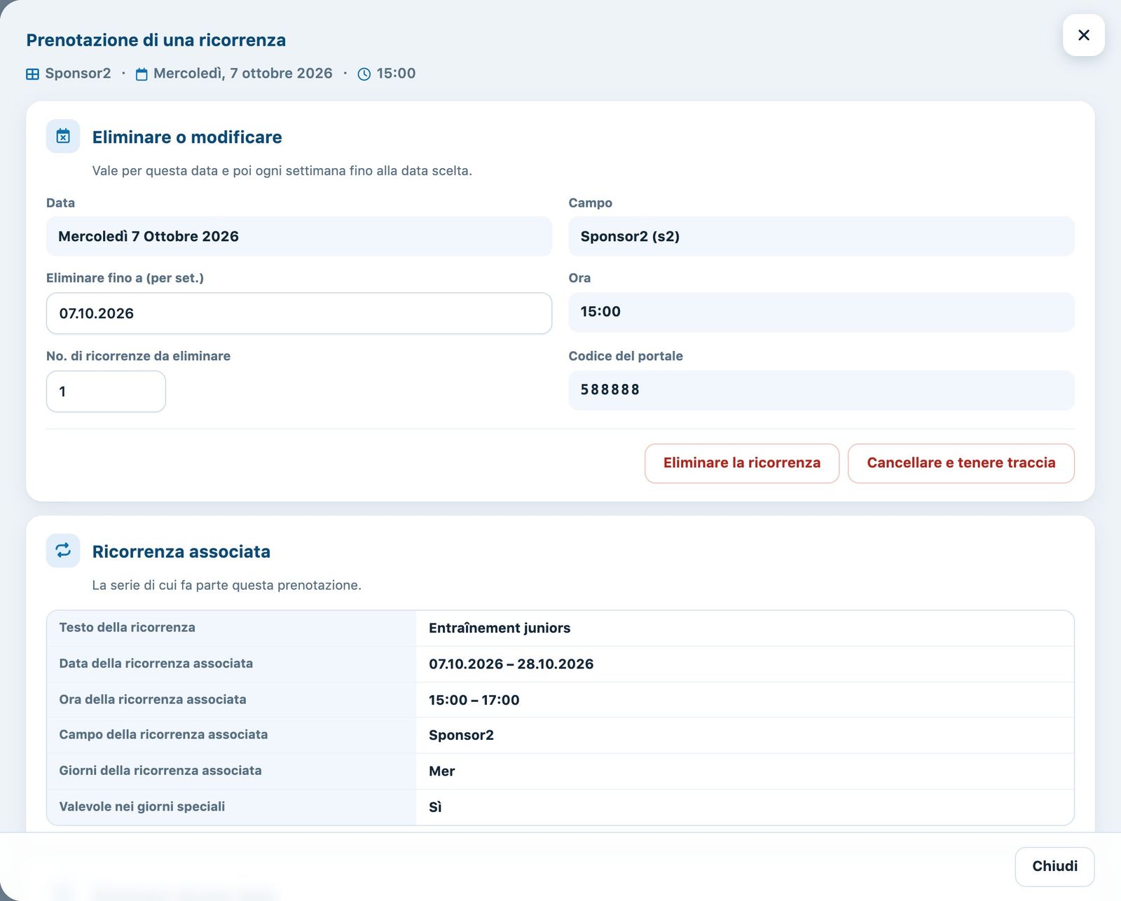 Pannello di una prenotazione che fa parte di una ricorrenza